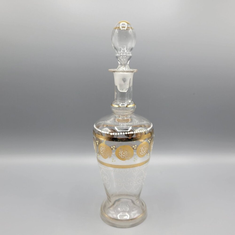 Vintage MCM Clear Decanter White Moriage and Gold Paint Designs